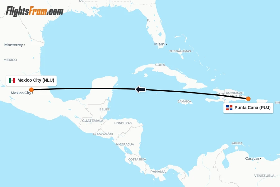 Flights from Punta Cana to Mexico City route map