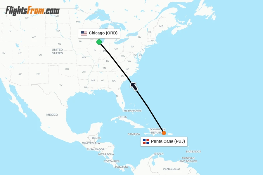 Flights from Punta Cana to Chicago route map