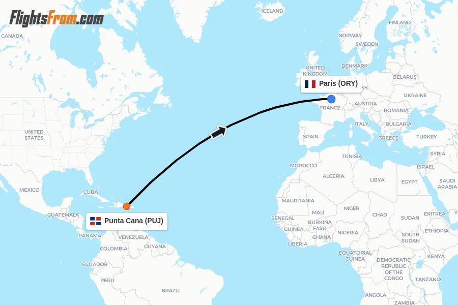 Flights from Punta Cana to Paris route map
