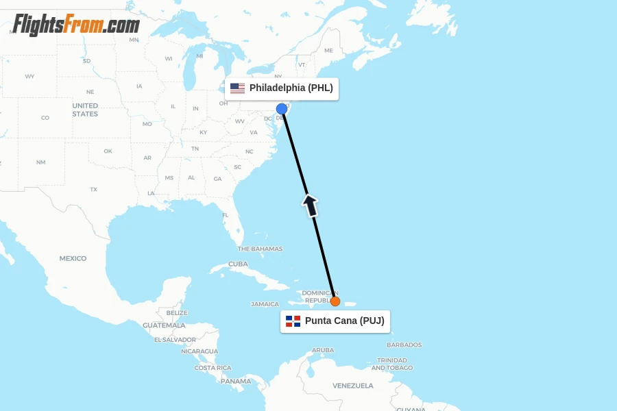 Flights from Punta Cana to Philadelphia route map