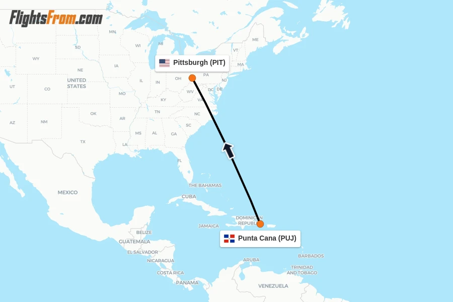 Flights from Punta Cana to Pittsburgh route map