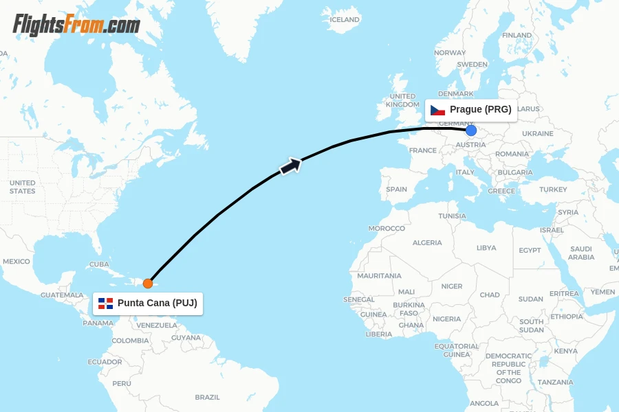 Flights from Punta Cana to Prague route map