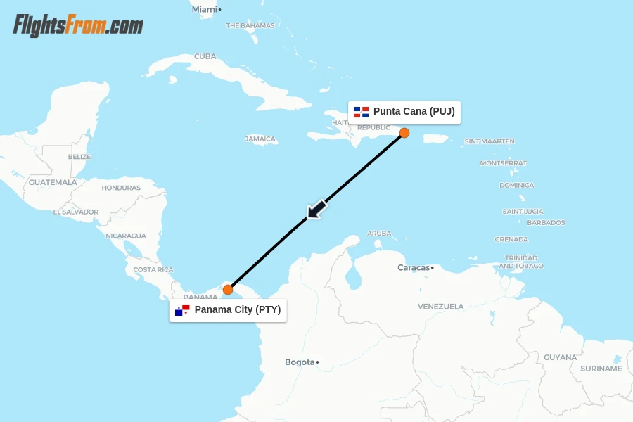 Flights from Punta Cana to Panama City route map