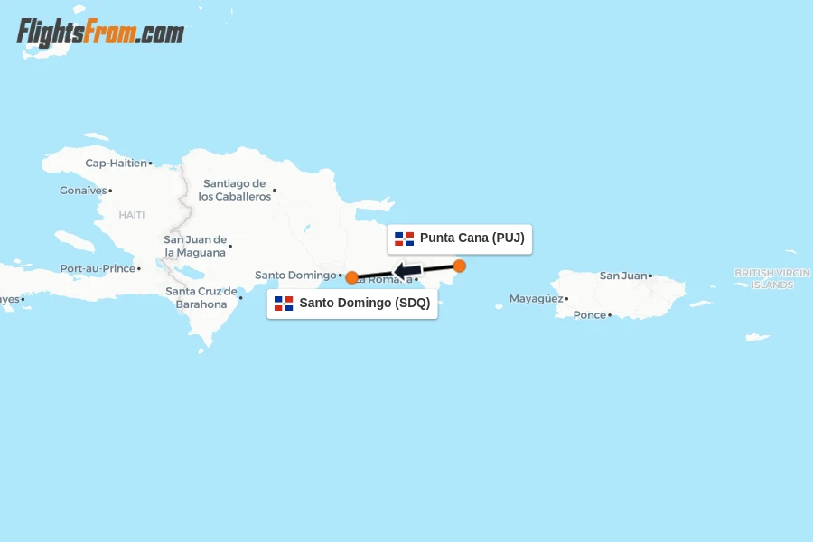Flights from Punta Cana to Santo Domingo route map