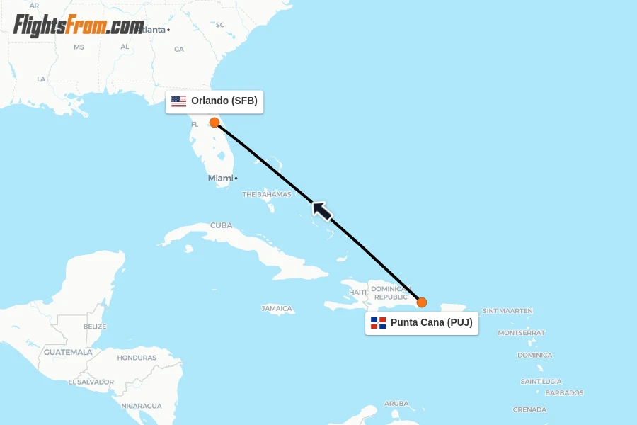 Flights from Punta Cana to Orlando route map
