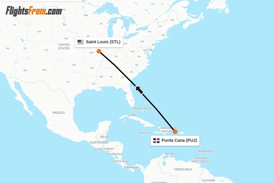 Flights from Punta Cana to Saint Louis route map