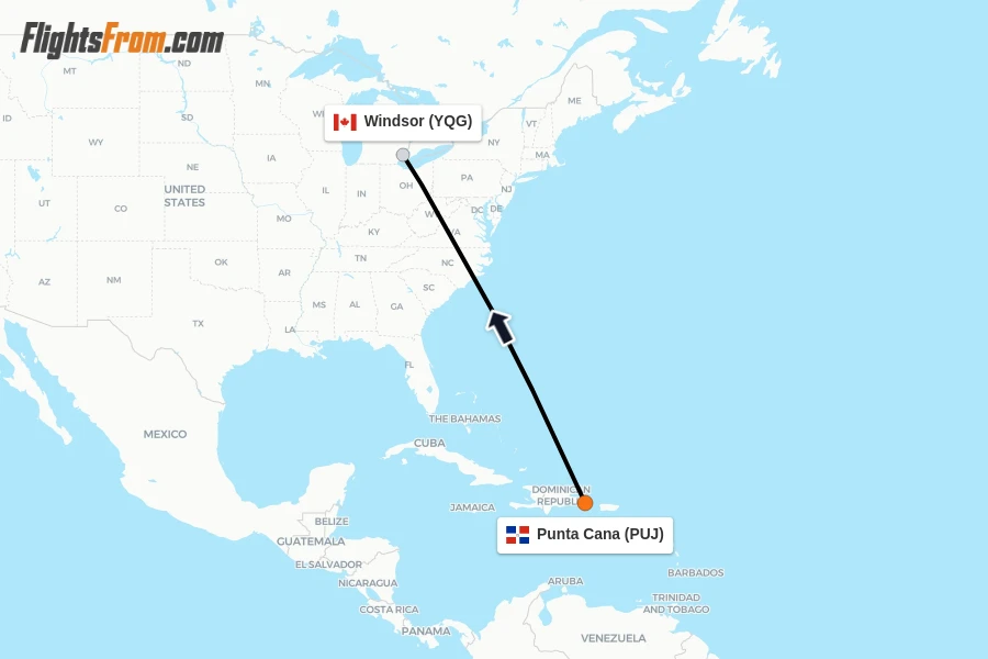 Flights from Punta Cana to Windsor route map