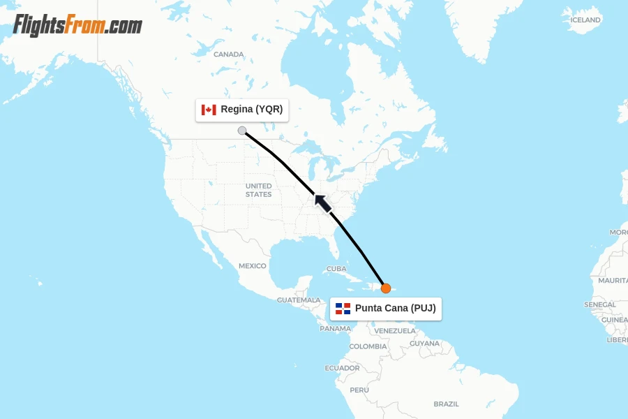 Flights from Punta Cana to Regina route map