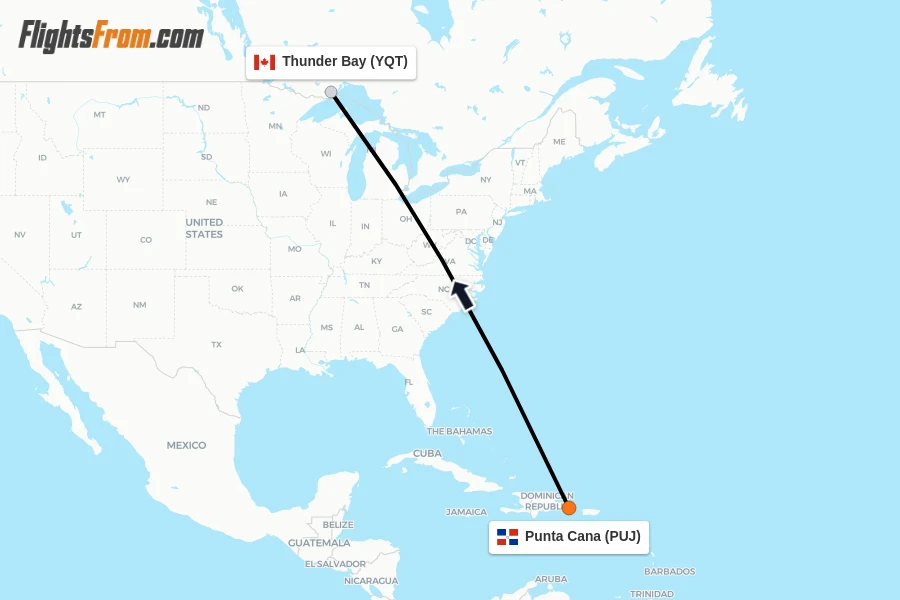 Flights from Punta Cana to Thunder Bay route map