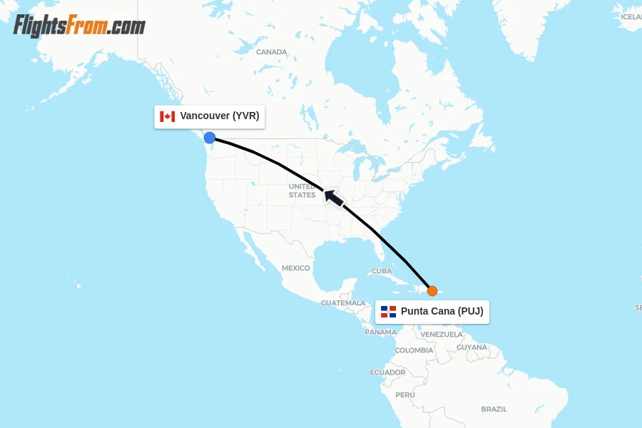 Flights from Punta Cana to Vancouver route map
