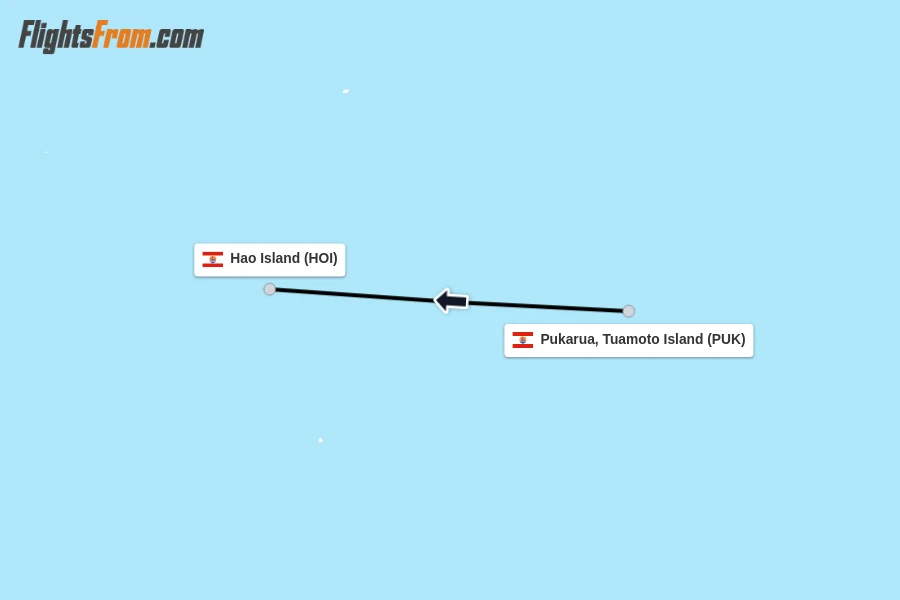 Flights from Pukarua, Tuamoto Island to Hao Island route map