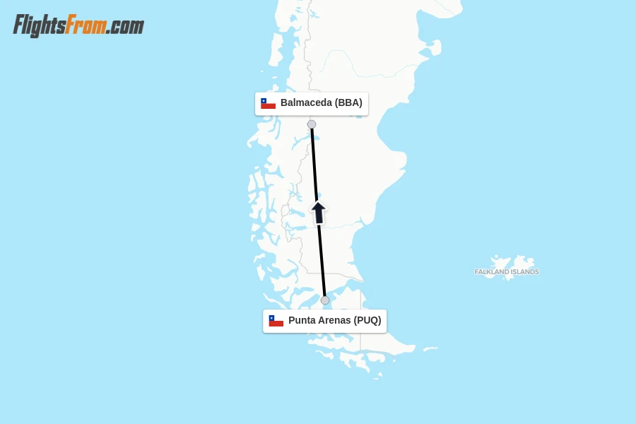 Flights from Punta Arenas to Balmaceda route map