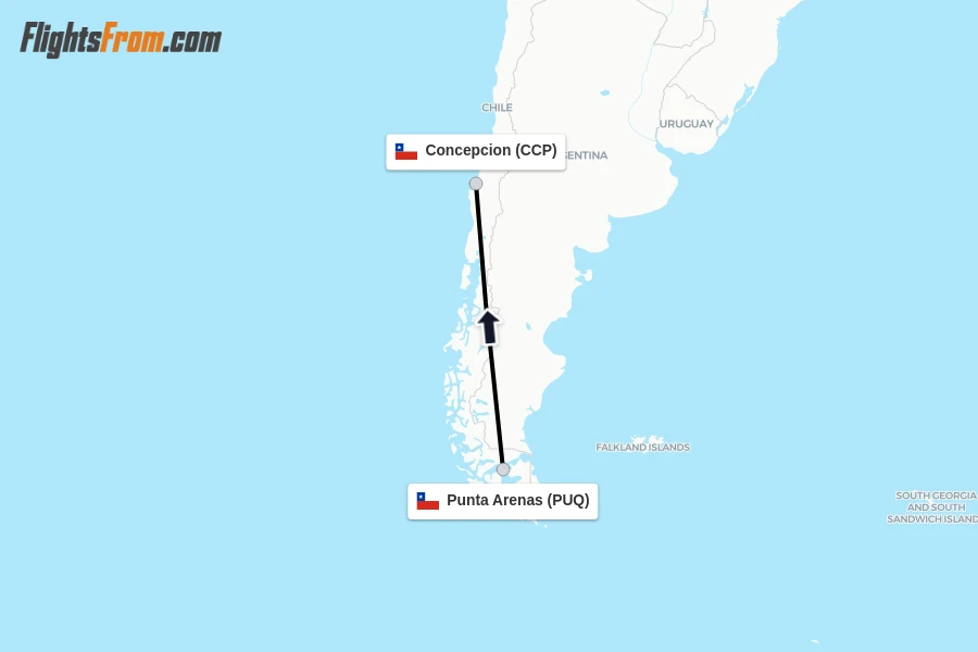 Flights from Punta Arenas to Concepcion route map