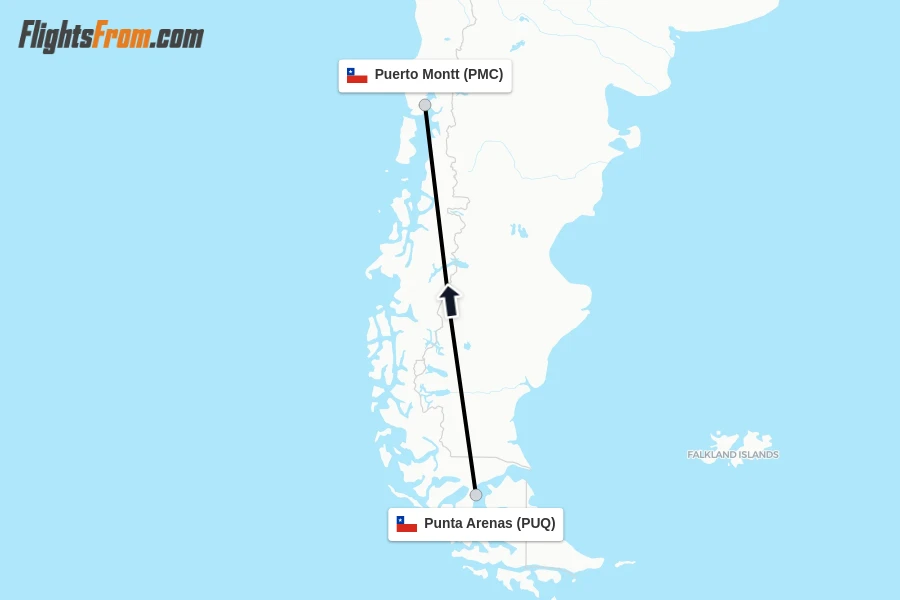 Flights from Punta Arenas to Puerto Montt route map
