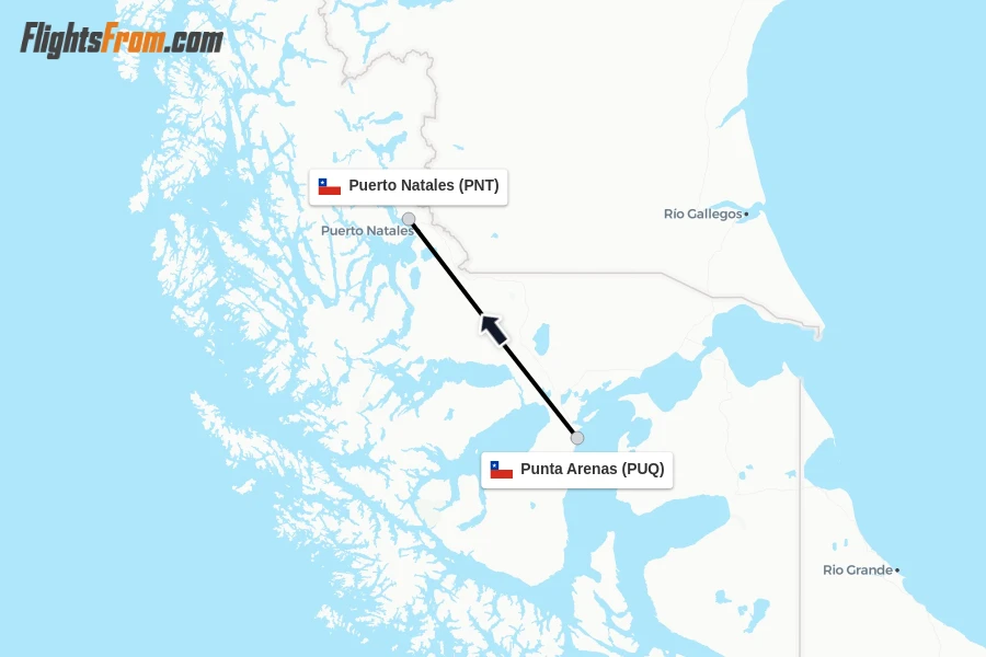 Flights from Punta Arenas to Puerto Natales route map