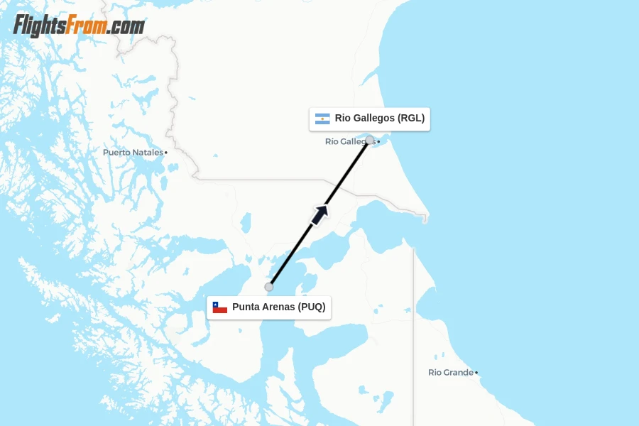 Flights from Punta Arenas to Rio Gallegos route map