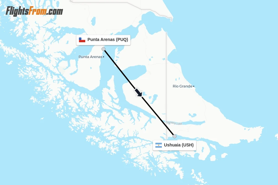 Flights from Punta Arenas to Ushuaia route map