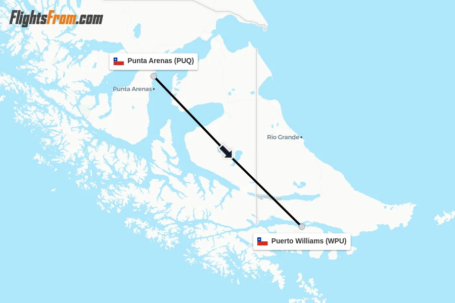 Flights from Punta Arenas to Puerto Williams route map
