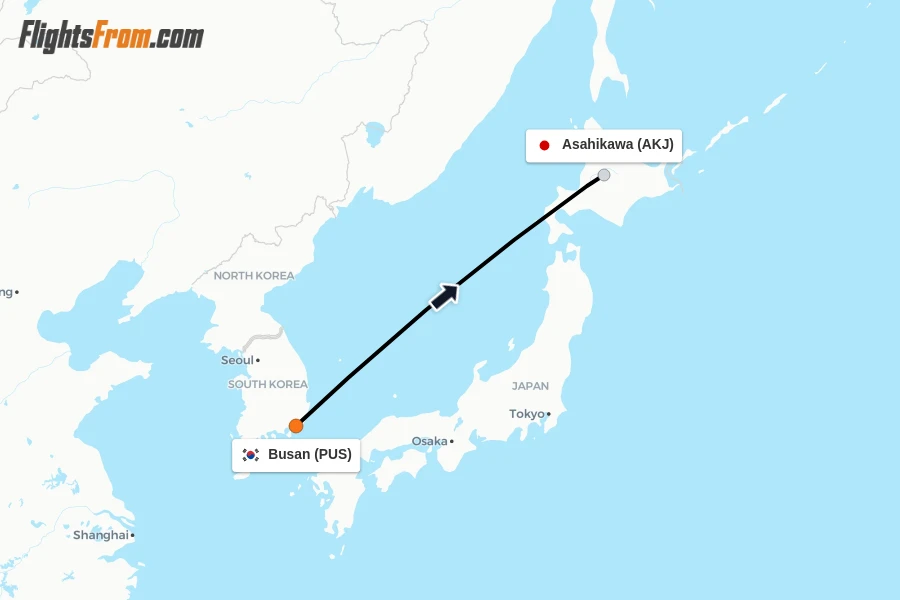 Flights from Busan to Asahikawa route map