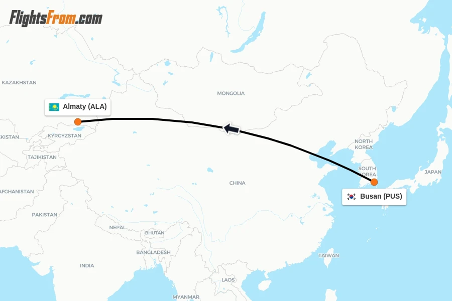 Flights from Busan to Almaty route map