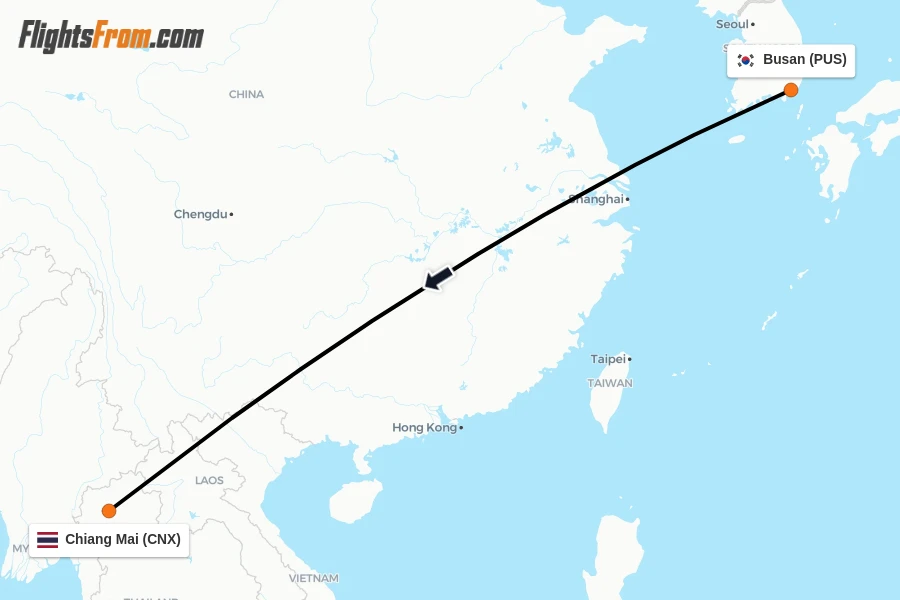 Flights from Busan to Chiang Mai route map