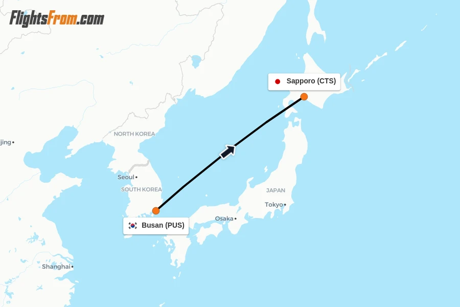 Flights from Busan to Sapporo route map