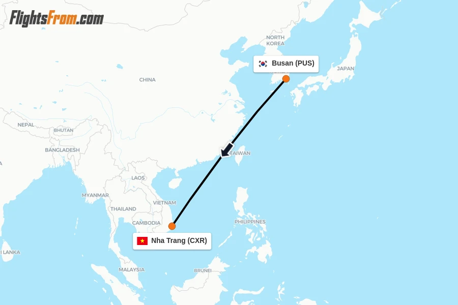 Flights from Busan to Nha Trang route map