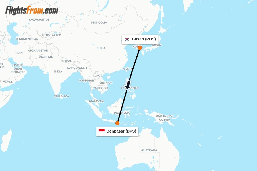 Flights from Busan to Denpasar route map