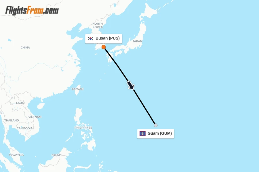 Flights from Busan to Guam route map