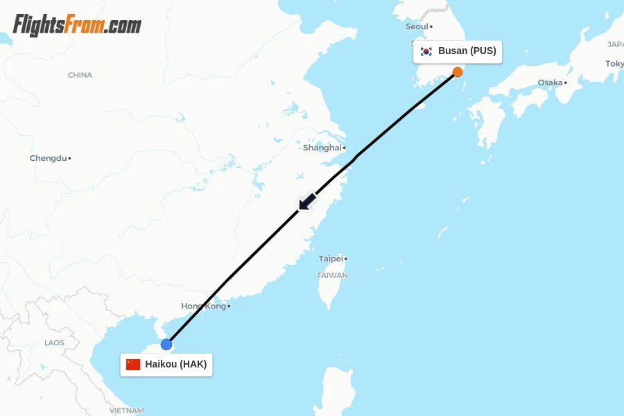 Flights from Busan to Haikou route map