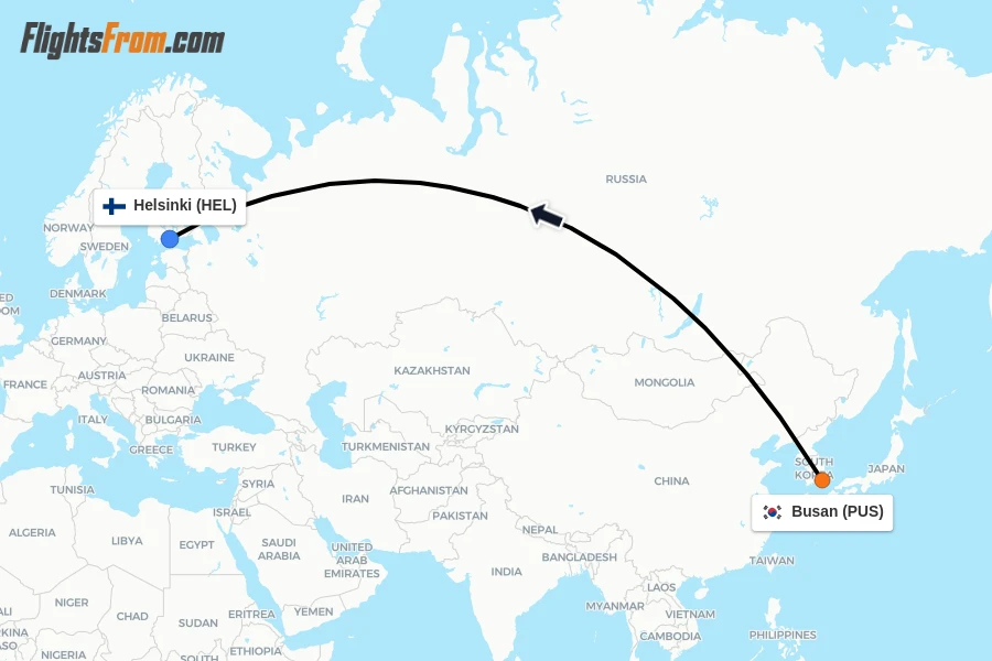 Flights from Busan to Helsinki route map