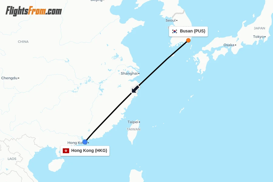 Flights from Busan to Hong Kong route map