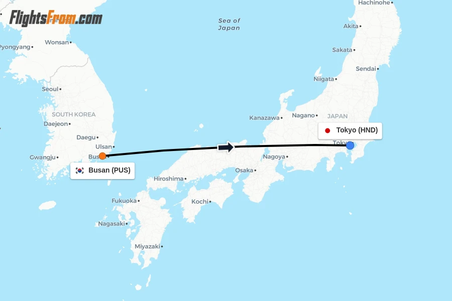 Flights from Busan to Tokyo route map
