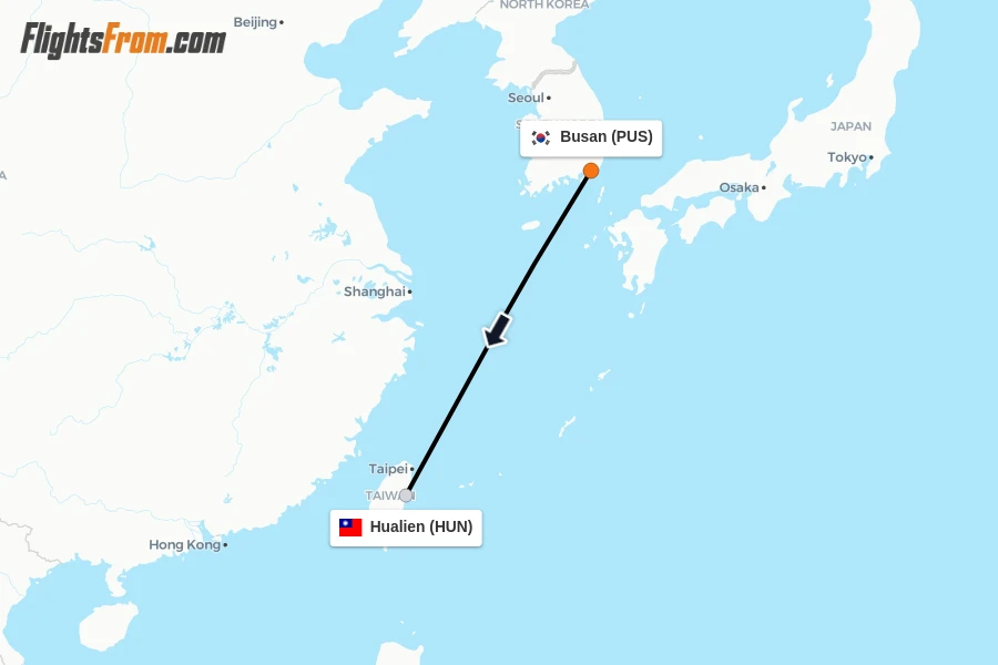Flights from Busan to Hualien route map