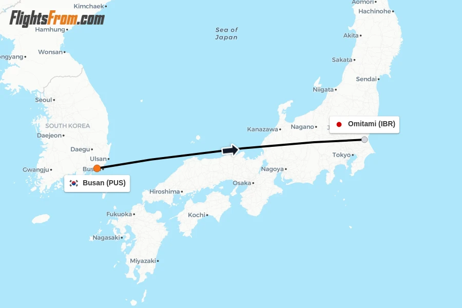 Flights from Busan to Omitami route map