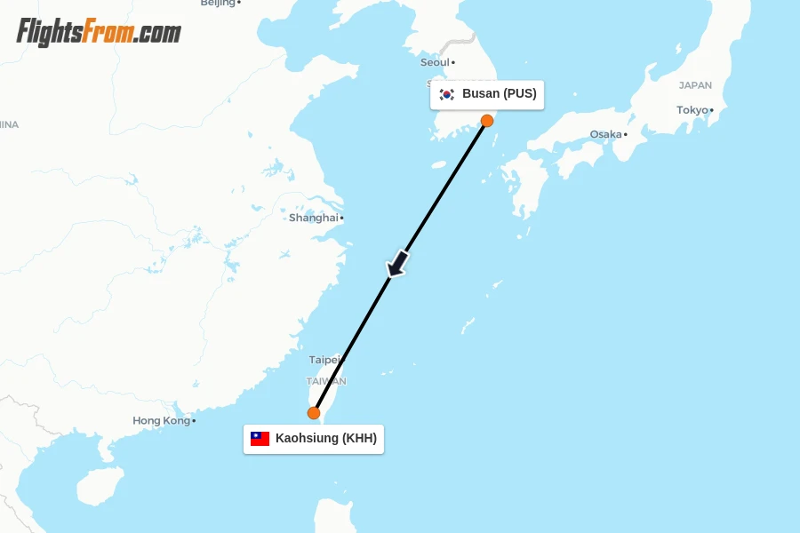 Flights from Busan to Kaohsiung route map