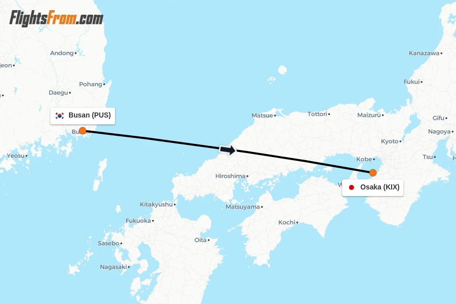 Flights from Busan to Osaka route map