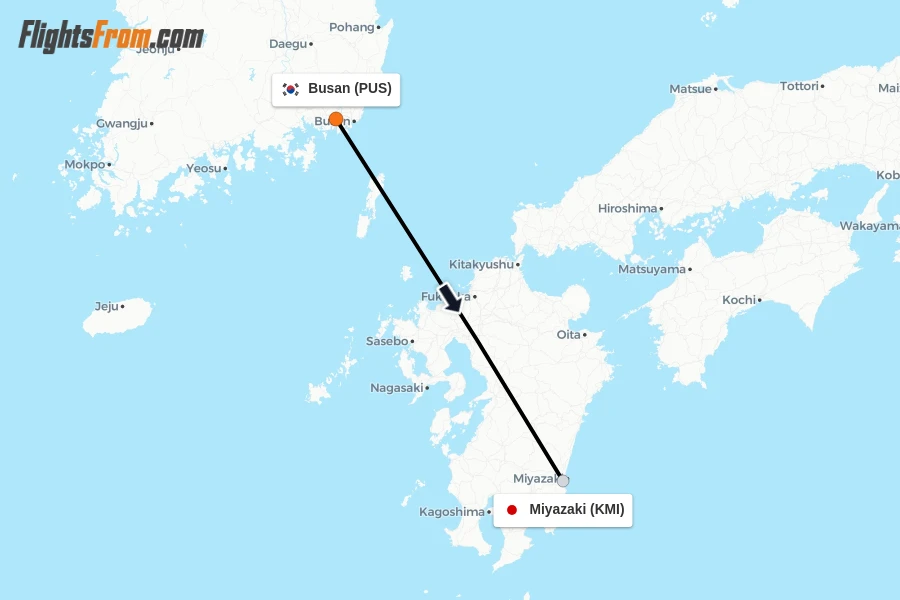 Flights from Busan to Miyazaki route map