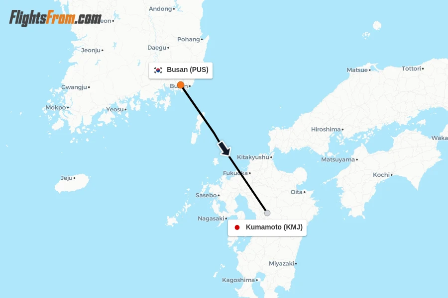 Flights from Busan to Kumamoto route map