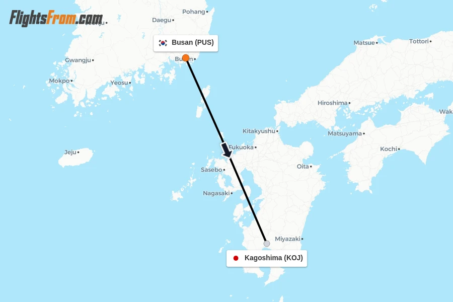 Flights from Busan to Kagoshima route map