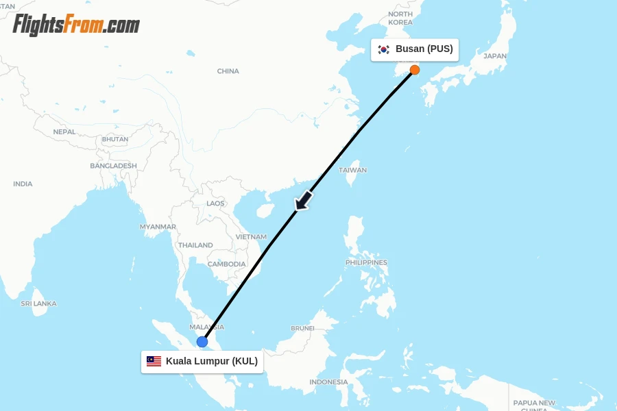 Flights from Busan to Kuala Lumpur route map