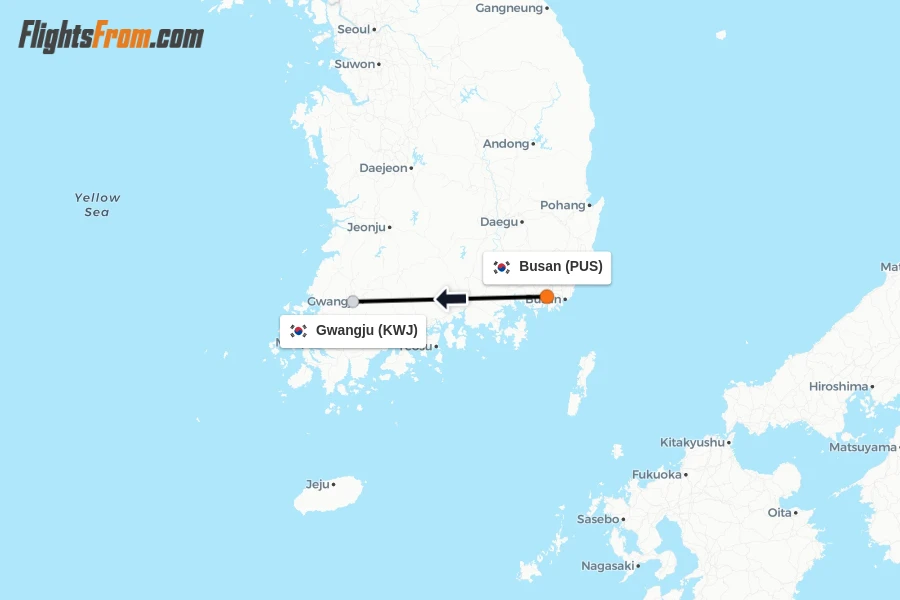 Flights from Busan to Gwangju route map