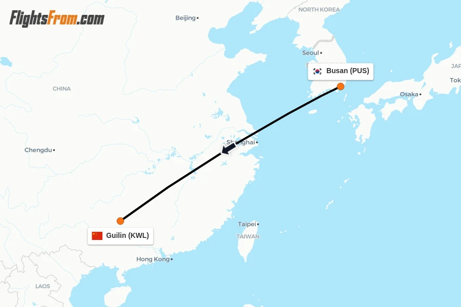 Flights from Busan to Guilin route map