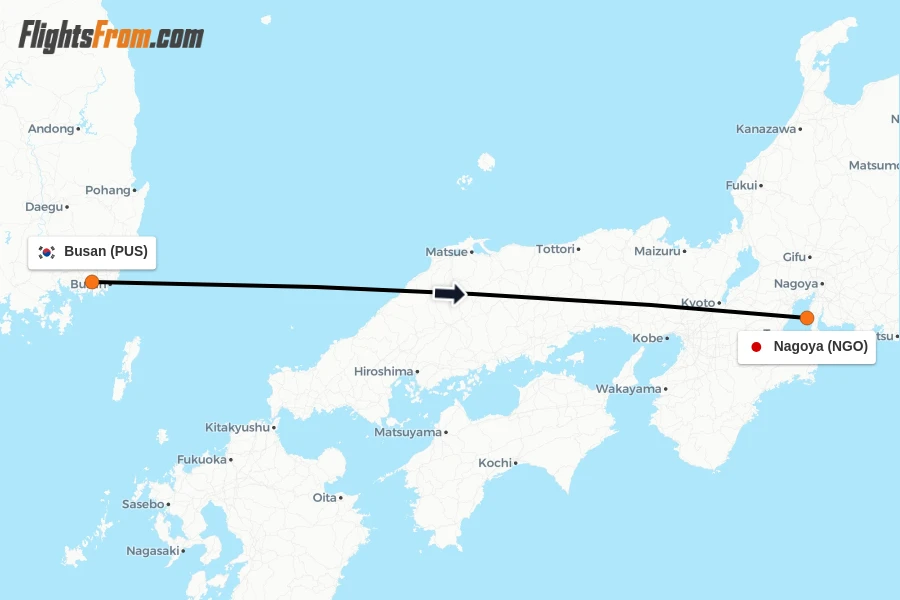 Flights from Busan to Nagoya route map