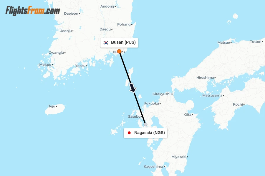 Flights from Busan to Nagasaki route map