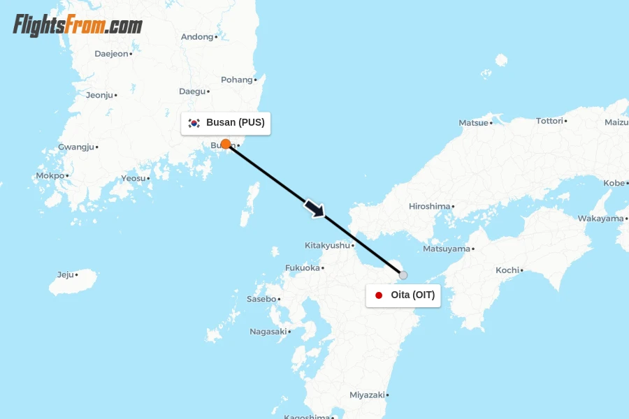 Flights from Busan to Oita route map