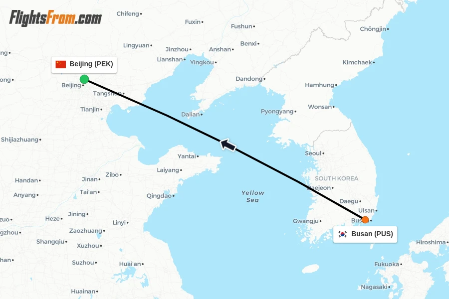 Flights from Busan to Beijing route map