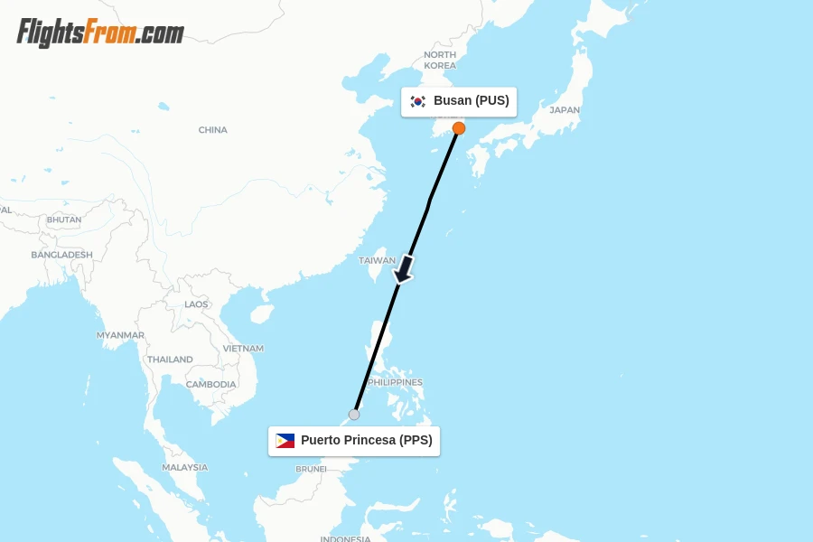 Flights from Busan to Puerto Princesa route map