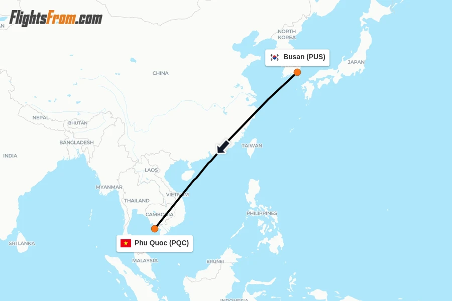 Flights from Busan to Phu Quoc route map