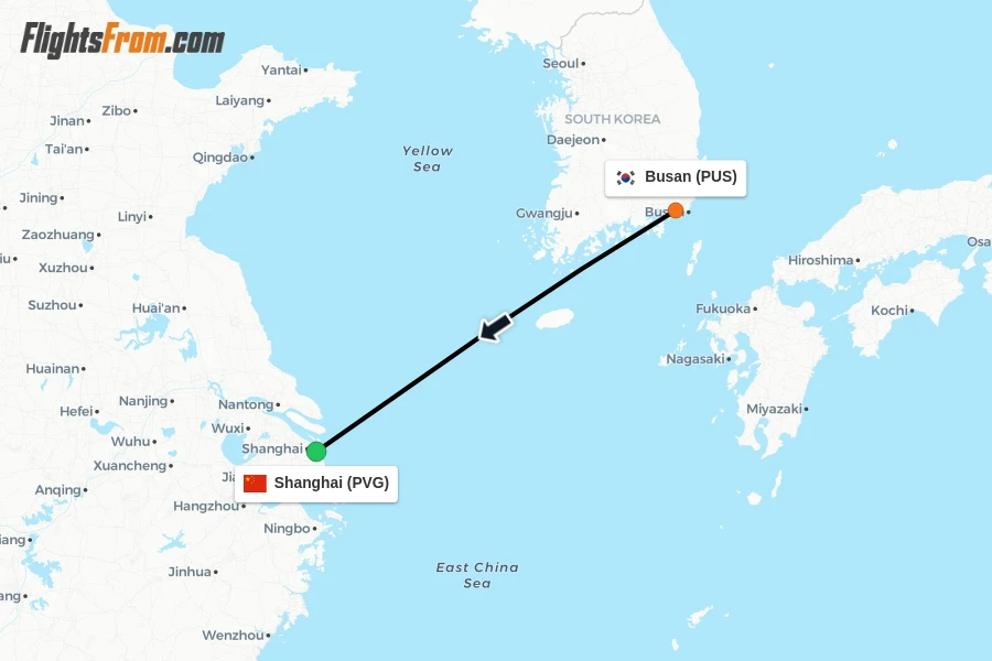 Flights from Busan to Shanghai route map
